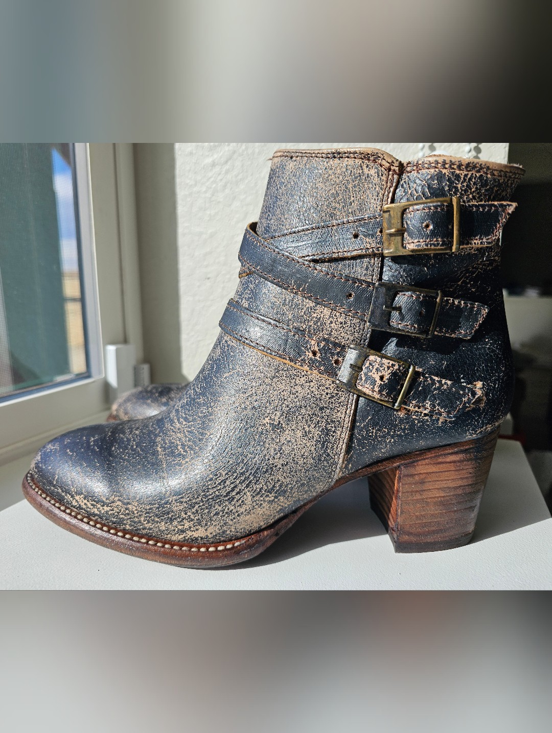 Bed|Stu Distressed Black Brown Leather Ankle Boots With Buckle Straps — image 2 of 8